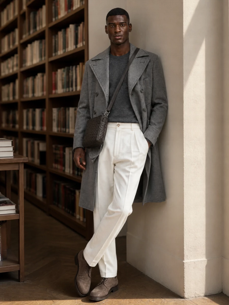 Brunello cucinelli grey coat off white trousers