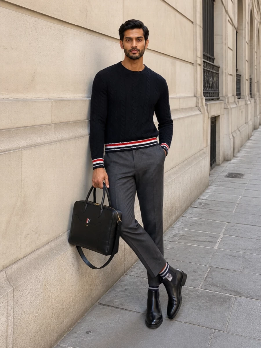Thom browne navy cable knit charcoal trousers