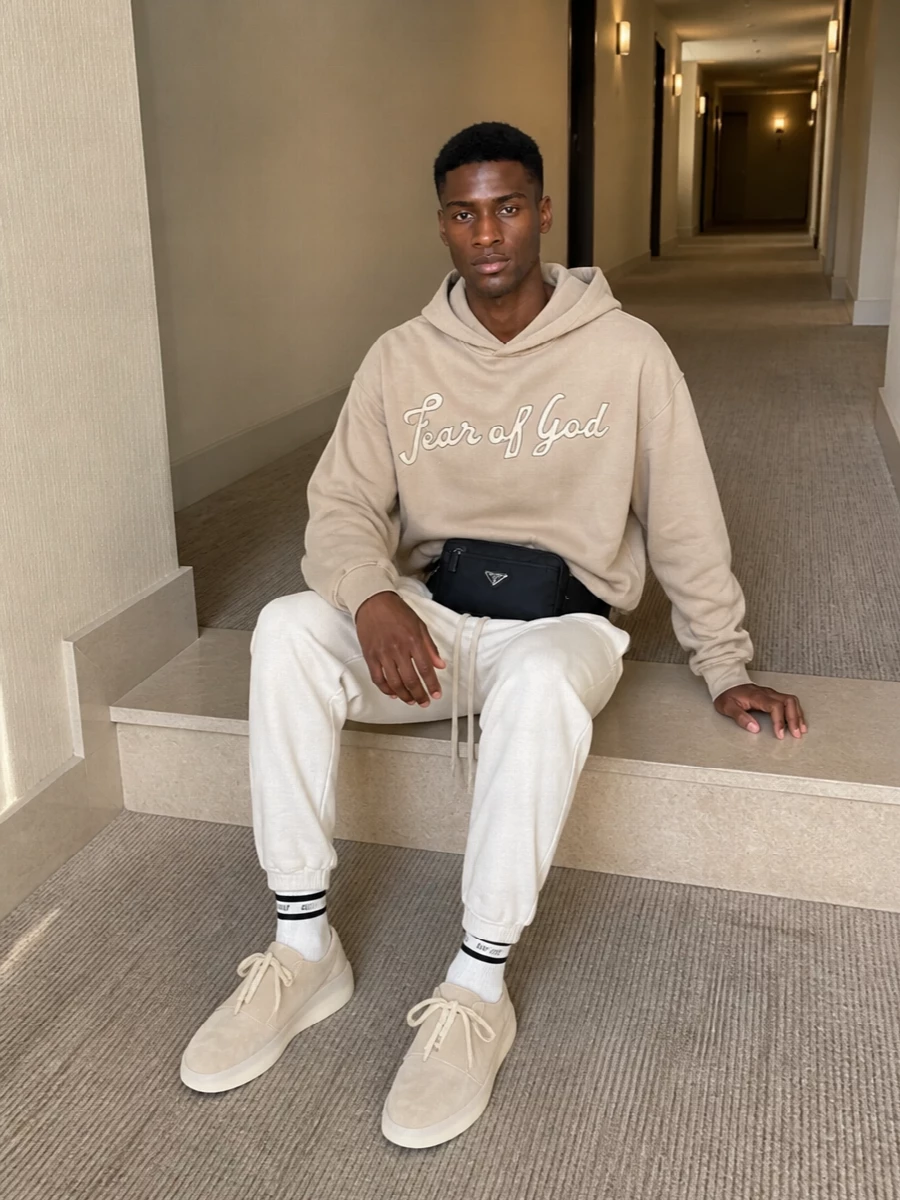 Fear of god track pants sand hoodie sneakers