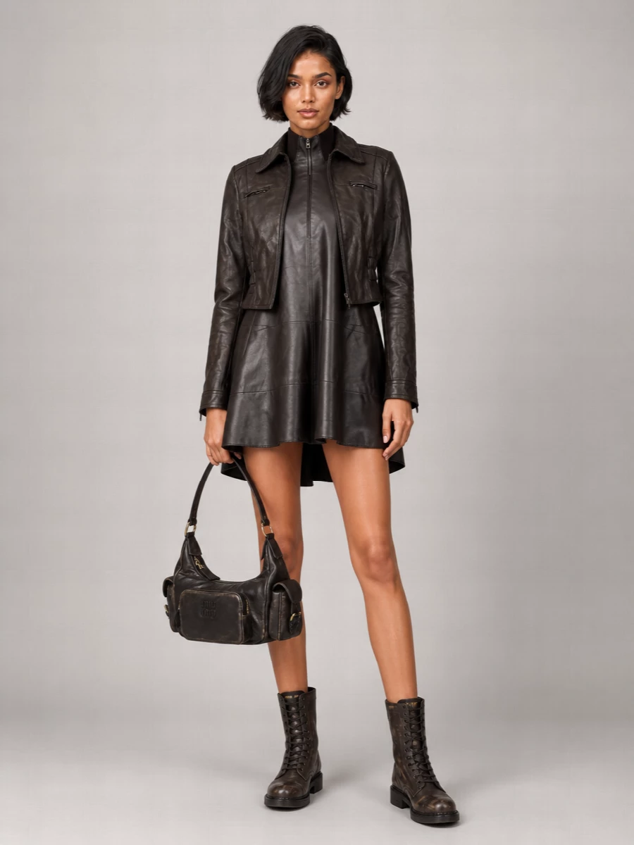 I’m building this around the leather-on-leather story rather than breaking it with tailoring, so the dress route wins over a top and bottom. The cropped Miu Miu jacket and Jacquemus mini create a tight, sculptural silhouette in nearly matching espresso tones, then the combat boots and distressed shoulder bag push it firmly into nocturnal, city-ready territory. It is hard-edged but still polished, the kind of brown-on-brown that reads intentional rather than earthy.