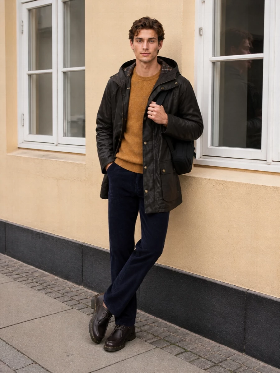 Barbour parka corduroy paraboot outfit