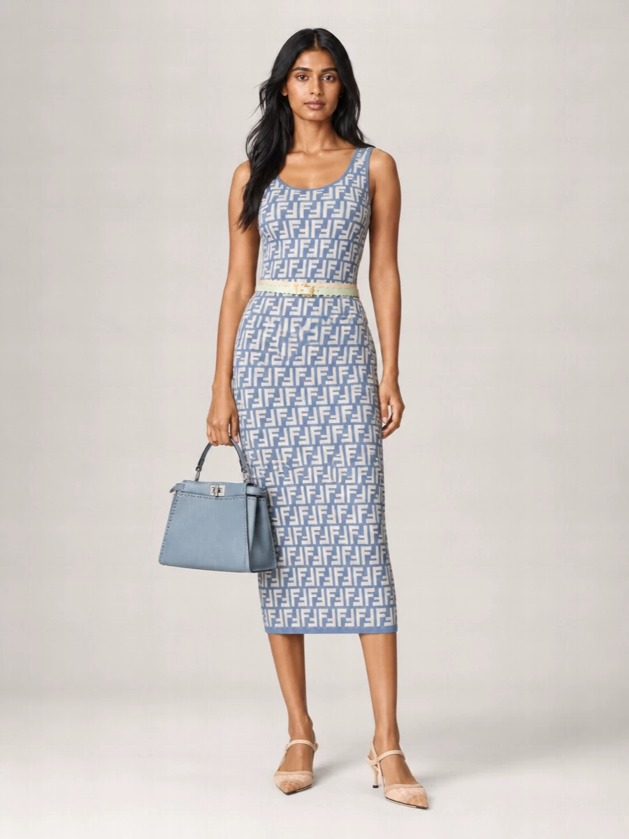 Fendi Jacquard Scoop Neck Bodycon Dress