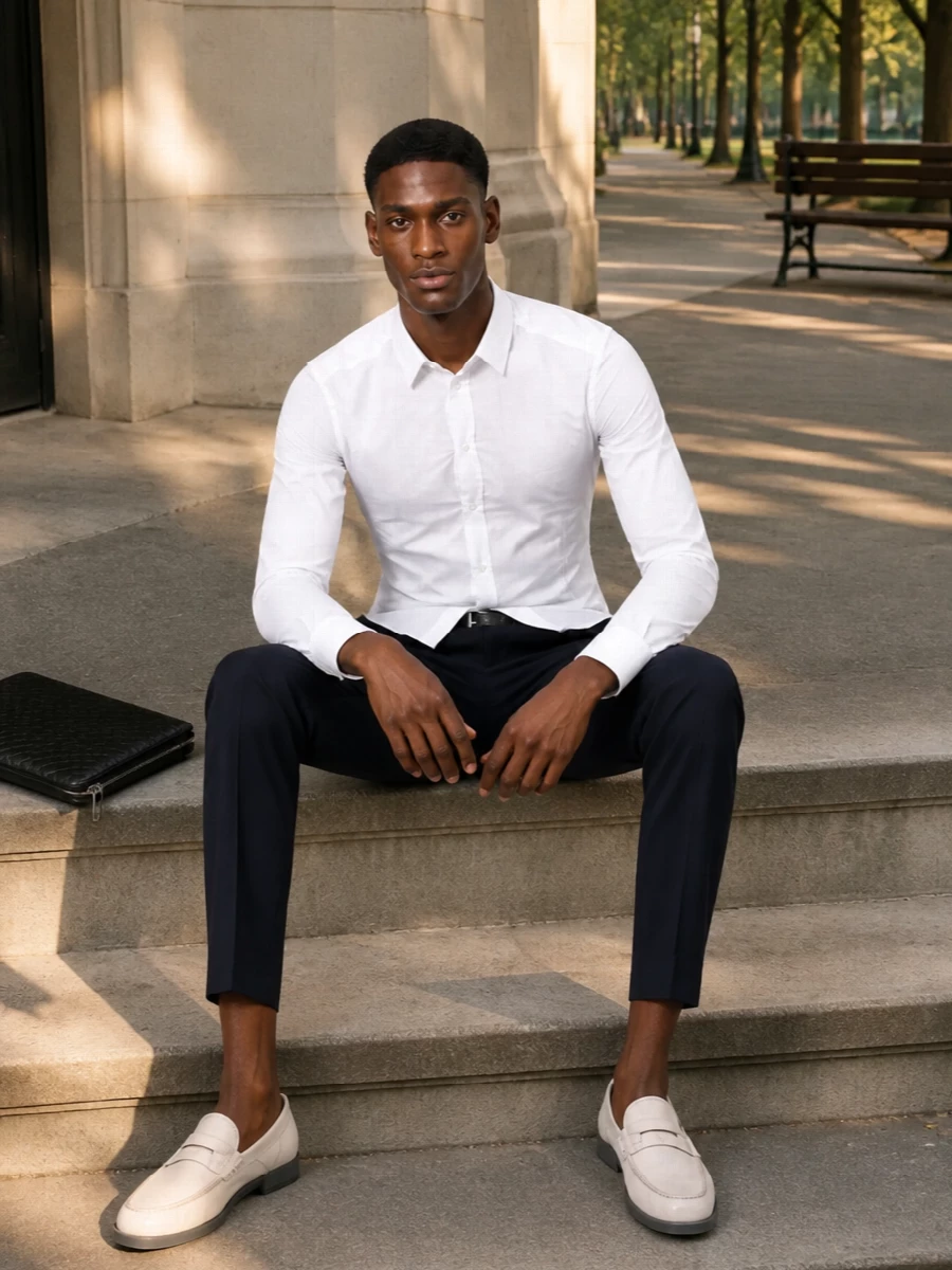 Dolce gabbana white shirt navy trousers outfit