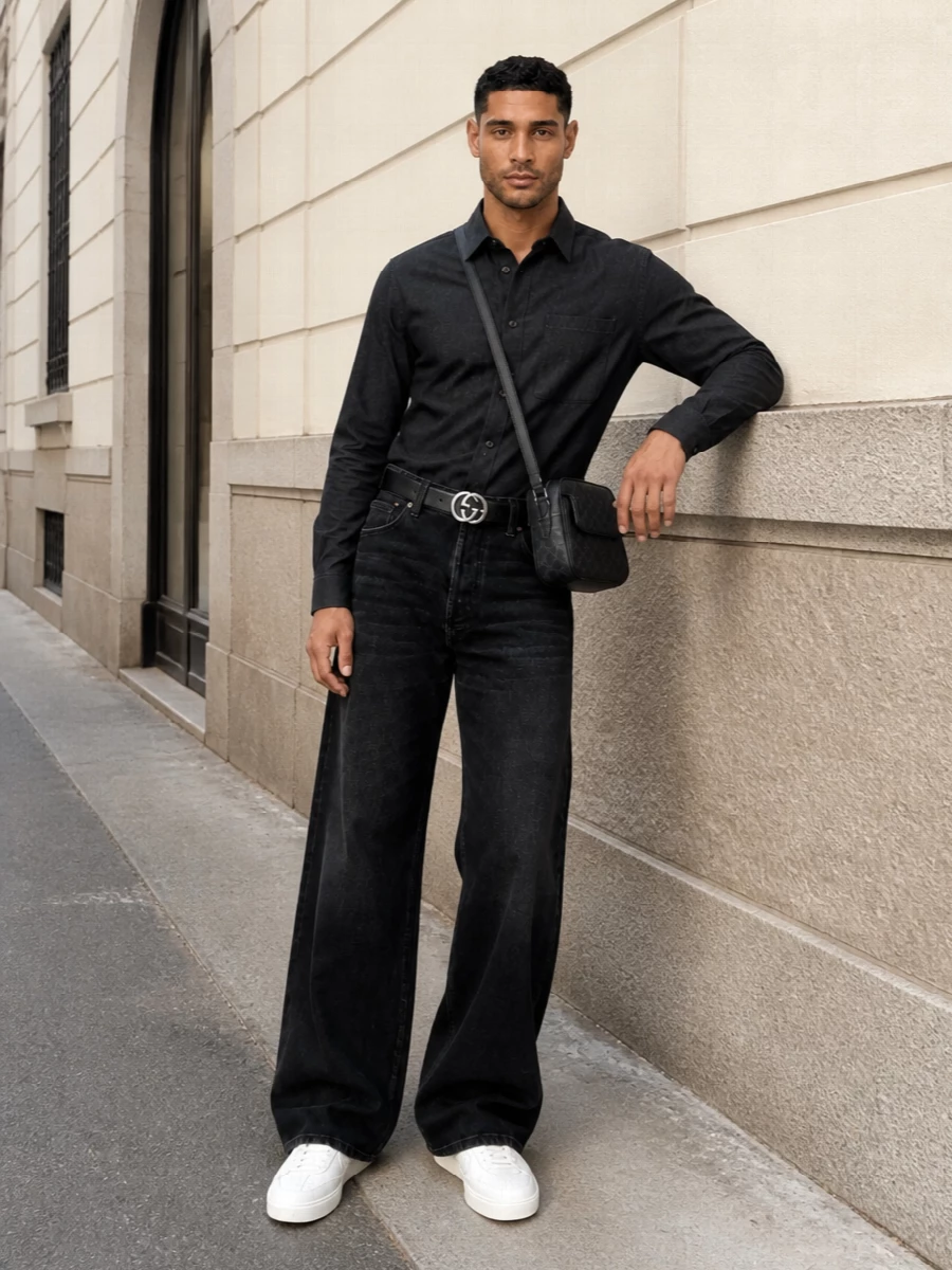 Gucci wide leg black jeans charcoal shirt outfit