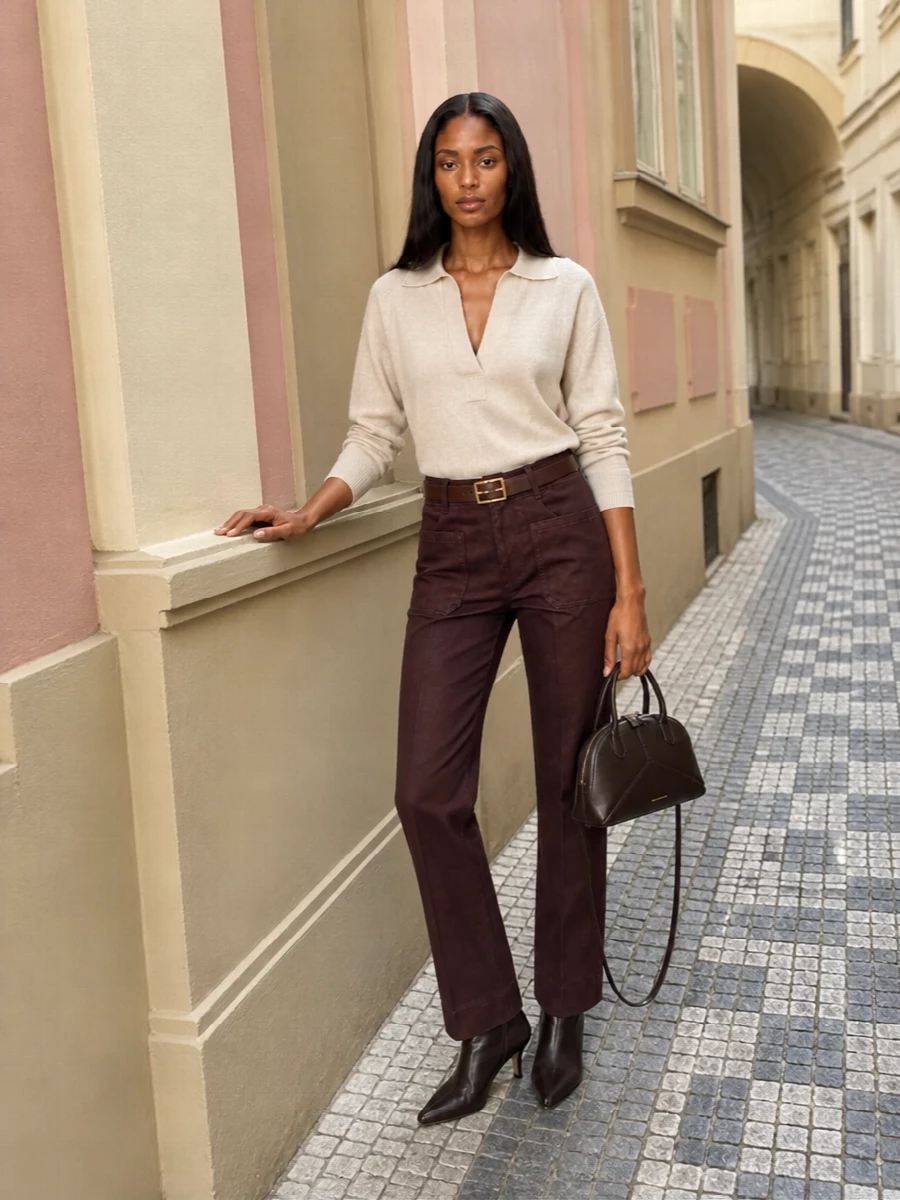 Victoria beckham brown jeans beige knit outfit