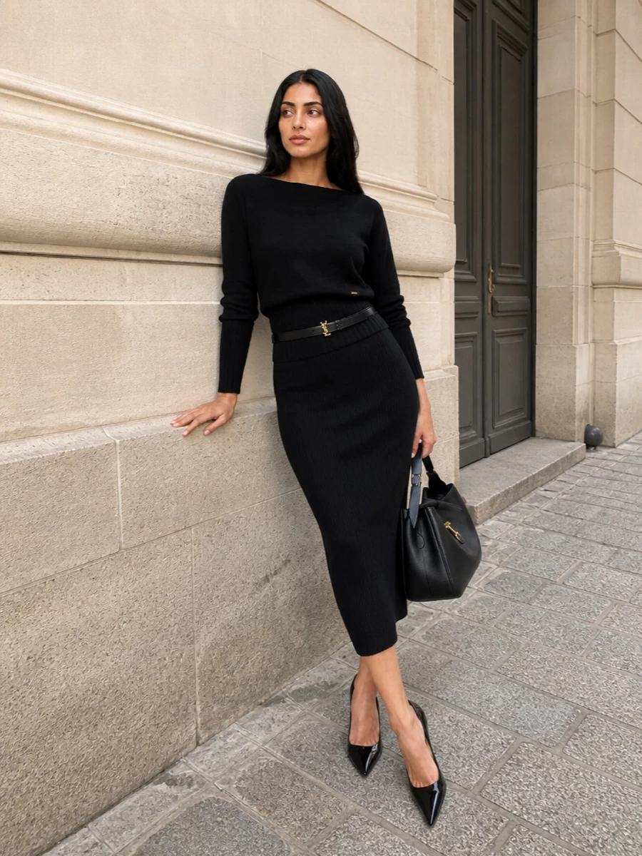 Tom ford black knit jumper midi skirt outfit