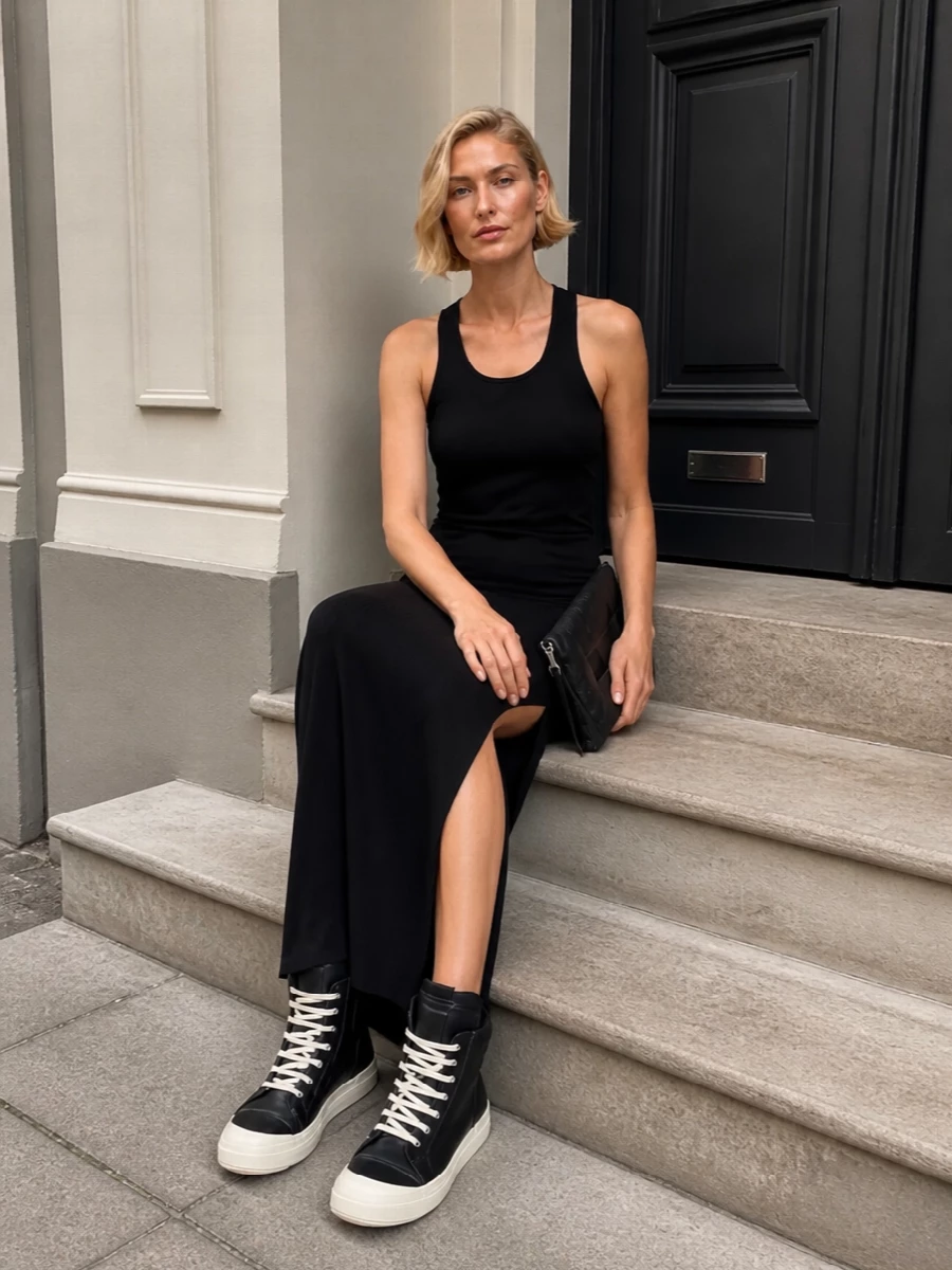 Rick owens black ribbed maxi skirt high top sneakers