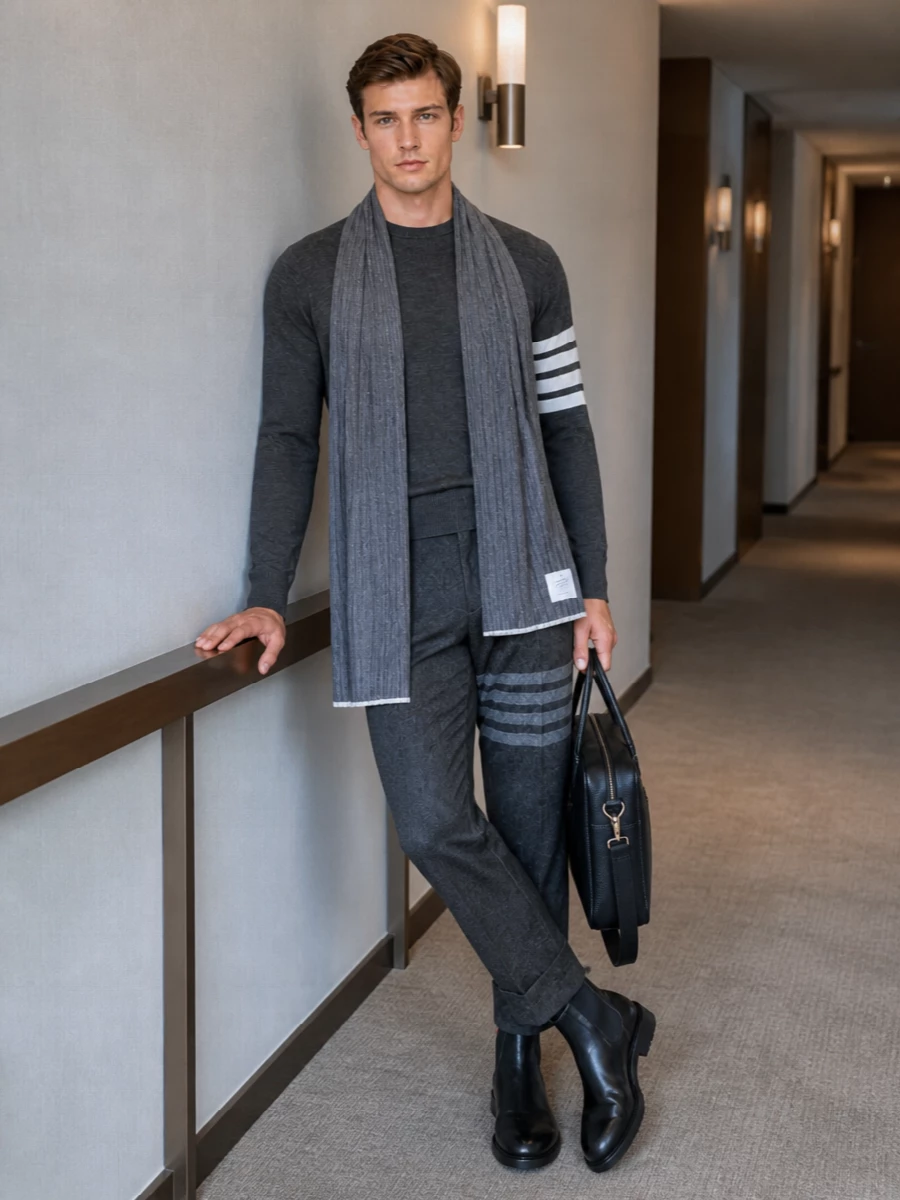 Thom browne grey sweater cropped trousers outfit