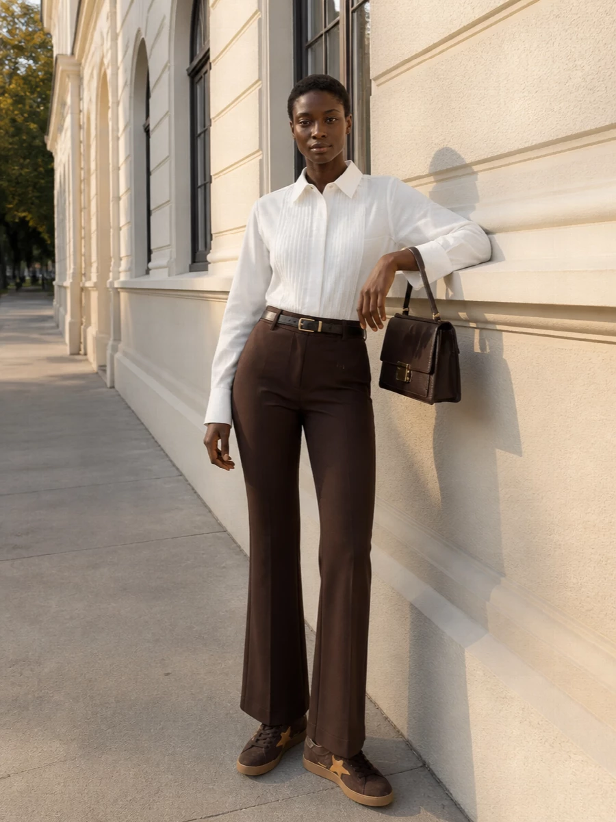 Golden goose tuxedo shirt brown flared trousers
