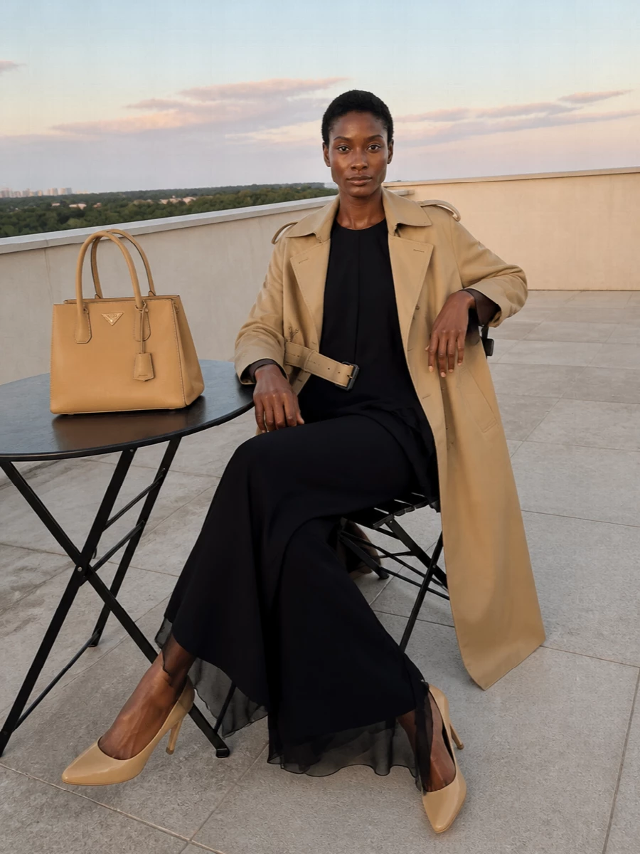I am building around separates rather than a dress so the Burberry cape trench can read as the anchor, layered over an architectural top and long trouser line. The black Stella McCartney cape top and Victoria Beckham wide-leg trousers create a dark, elongated column under the beige trench, in keeping with the quiet luxury tailoring brief. Nude Ferragamo heels and the camel Prada top-handle keep the palette softly neutral and polished, ideal for city evenings and serious daytime appointments alike.