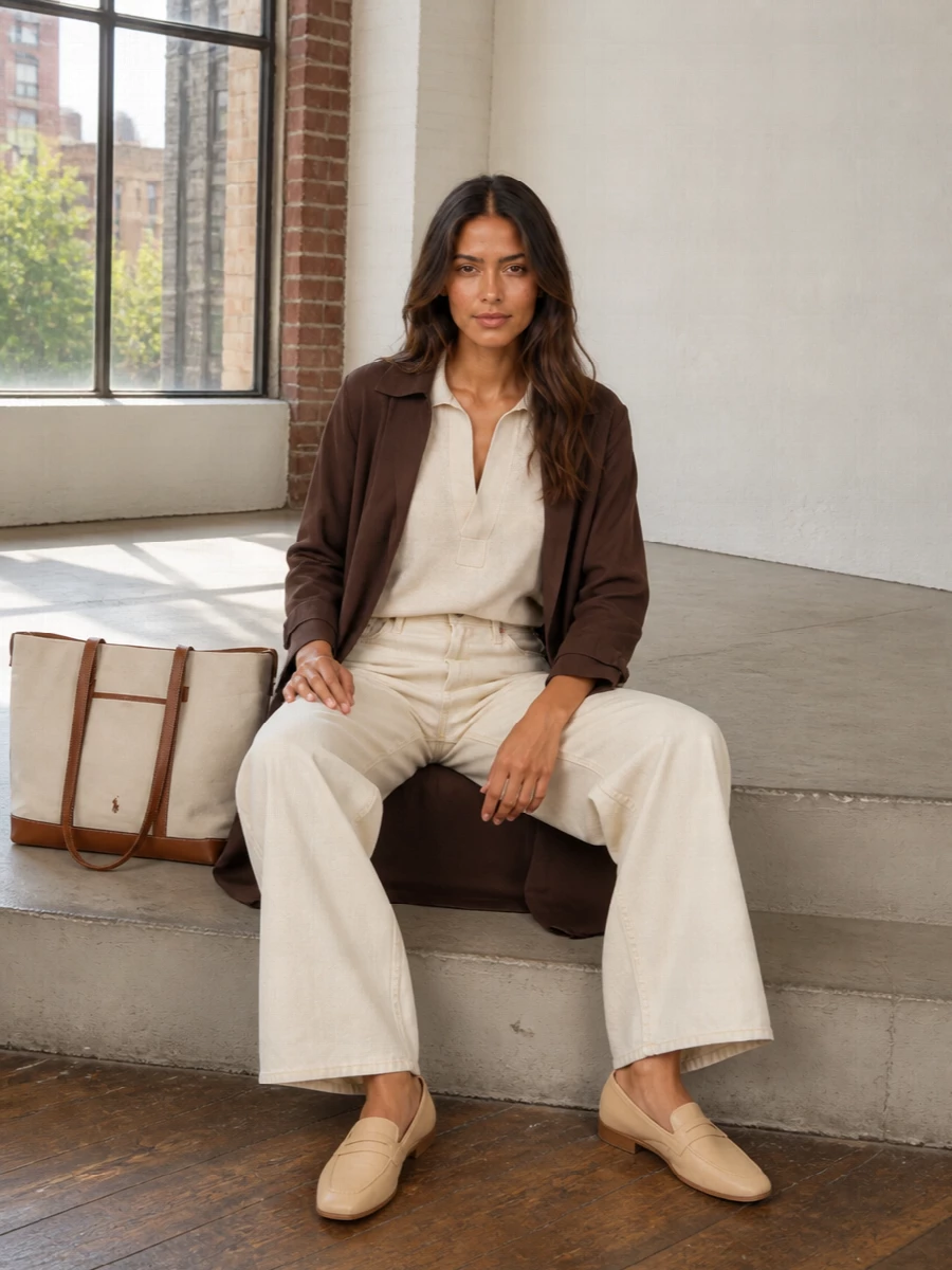 This leans into a soft collegiate palette: an oat collared knit tucked into cream wide-leg trousers, grounded with butter-toned loafers. The proportions stay long and relaxed yet precise, echoing the tote’s structured ease for a quietly polished city-day outfit. I chose separates over a dress to play up that campus-preppy mood and give the bag a true everyday, jeans-or-trouser energy rather than a single-piece solution.