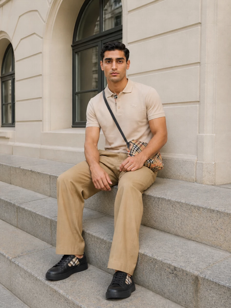 Burberry polo beige trousers black sneakers