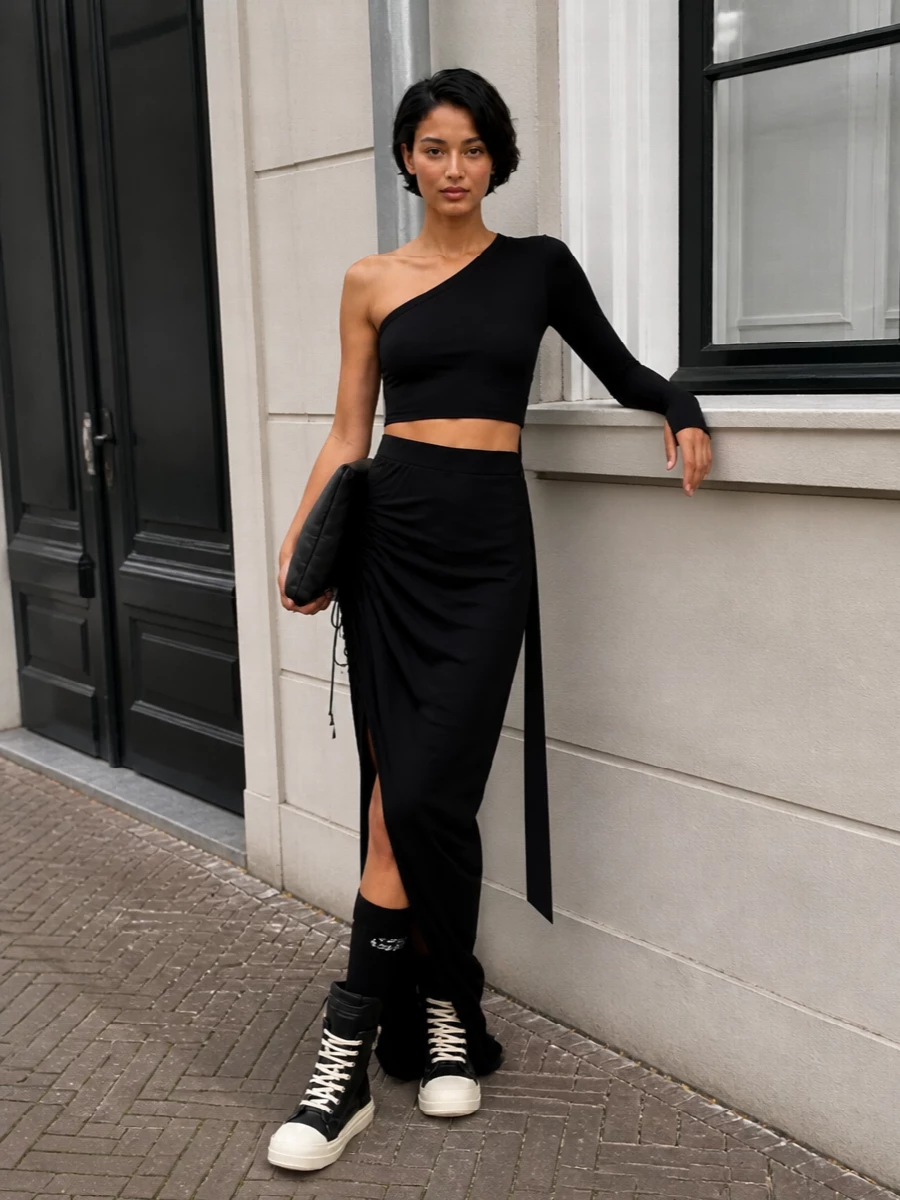 Rick owens black asymmetric top ruched maxi skirt