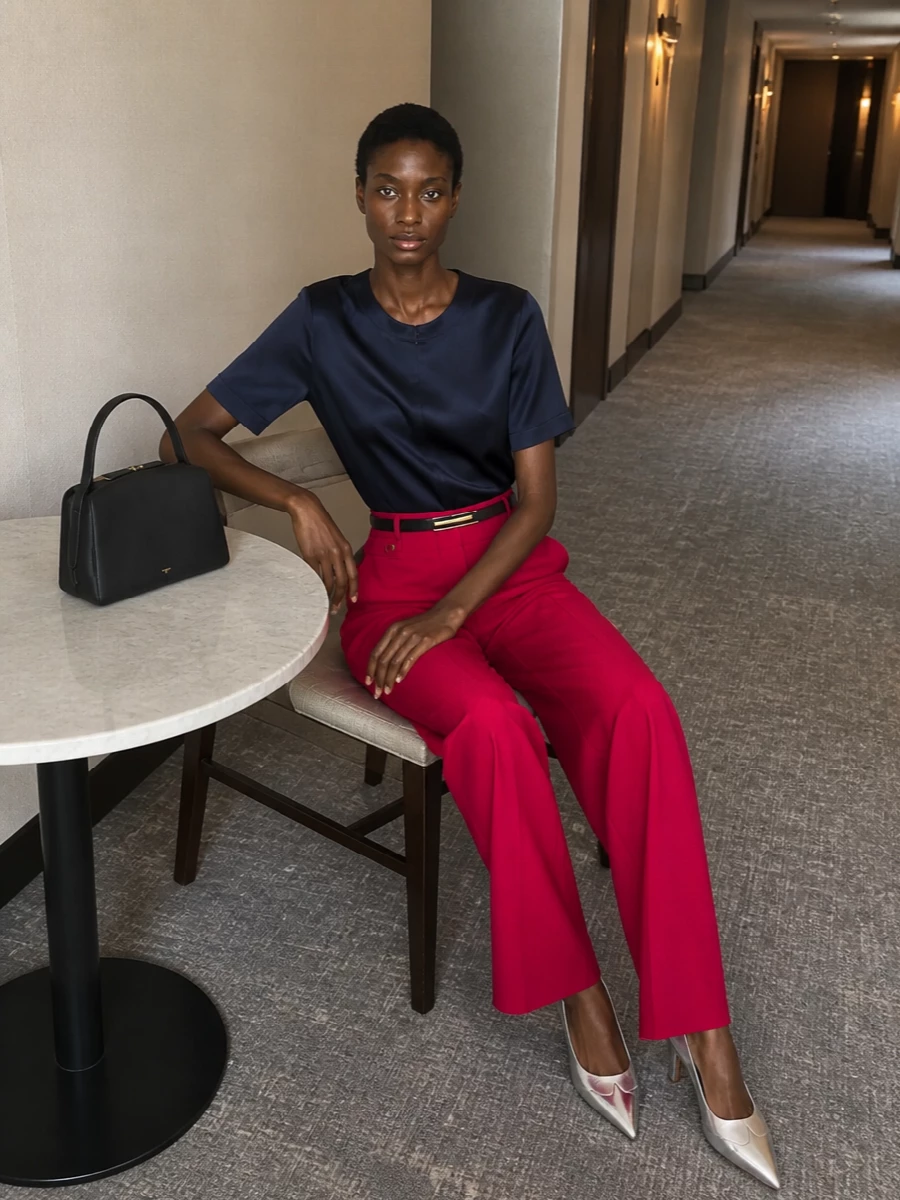 Vivid fuchsia tailoring is cooled down with a clean midnight navy satin top, giving the color its moment while keeping the line sharp. A slim black belt and sculpted black top-handle bag add quiet structure, with silver pointed pumps bringing a modern metallic edge that feels right for summer dinners and cocktail hours. The result is confident, precise and distinctly grown up in its use of color.