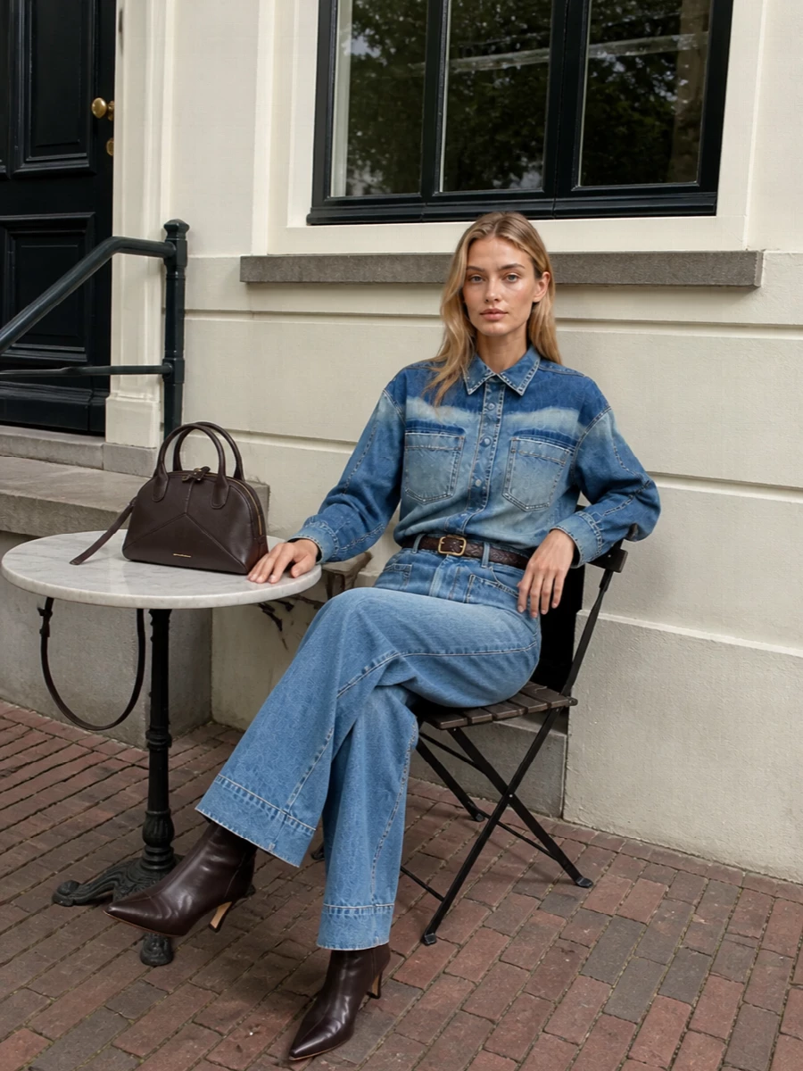 Victoria beckham denim shirt wide leg jeans outfit
