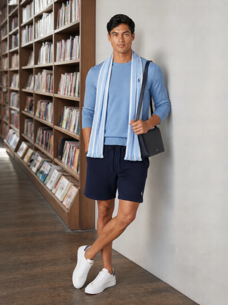 Powder blue and deep navy stay in quiet conversation here, giving a polished campus mood without feeling precious. The crisp white court sneaker and slim navy crossbody keep everything sharp and modern, while the striped scarf softly repeats the knit’s tone for a considered finish.