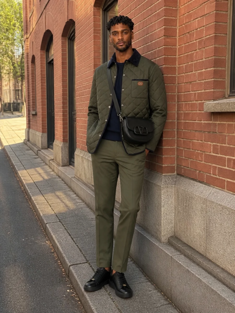 Valentino quilted jacket navy knit olive chinos