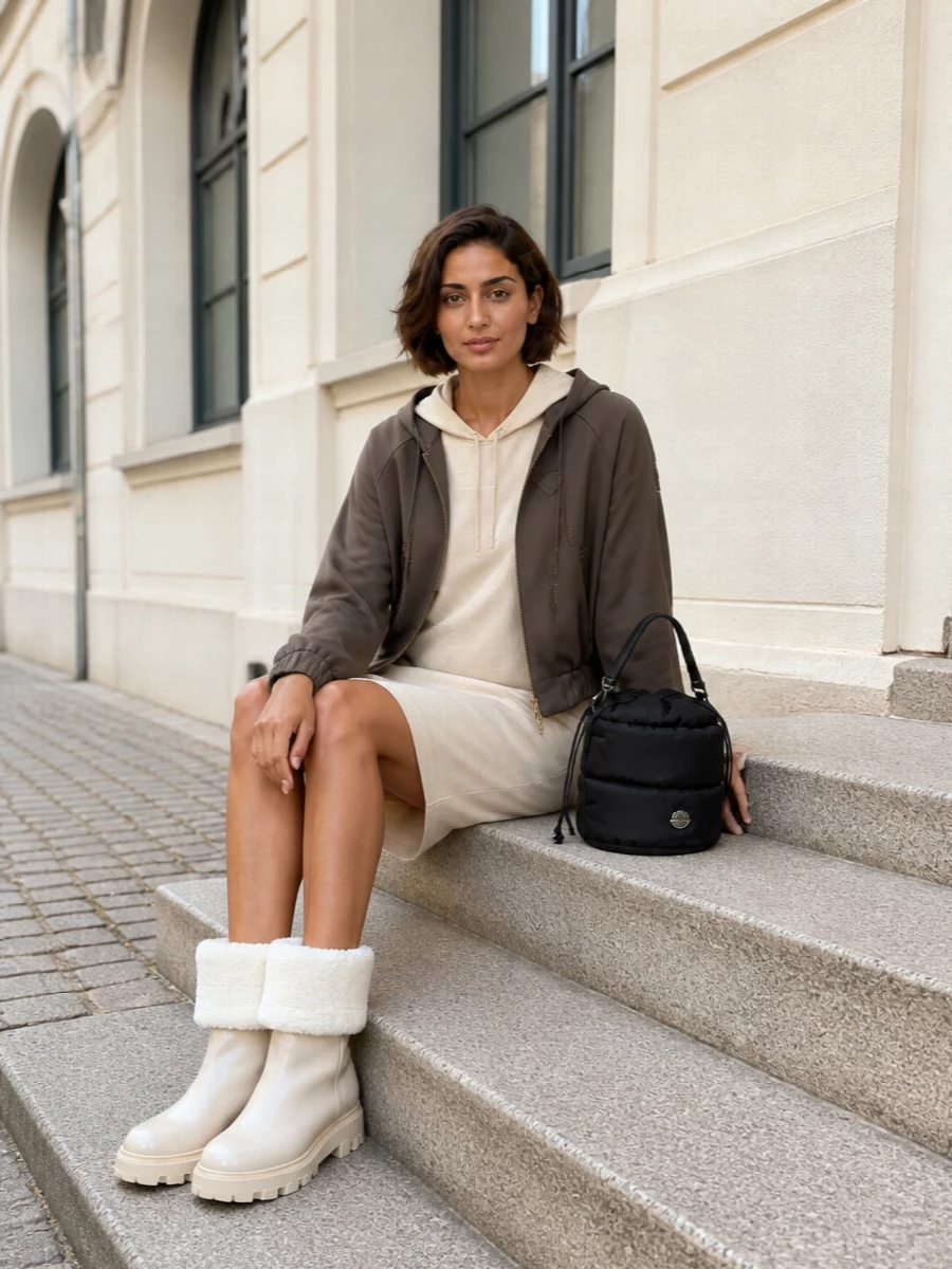 Moncler prada neutral hoodie dress outfit
