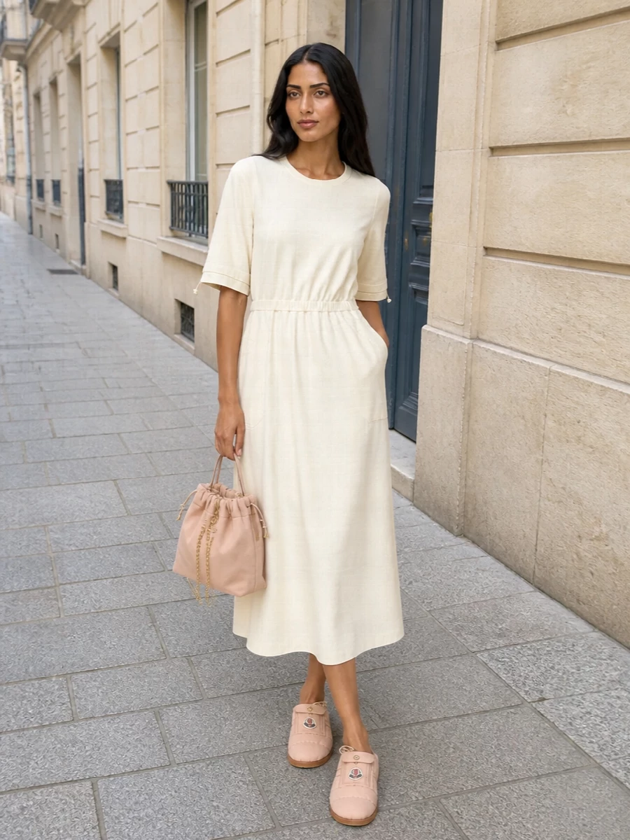 Moncler ivory midi dress quilted mules outfit