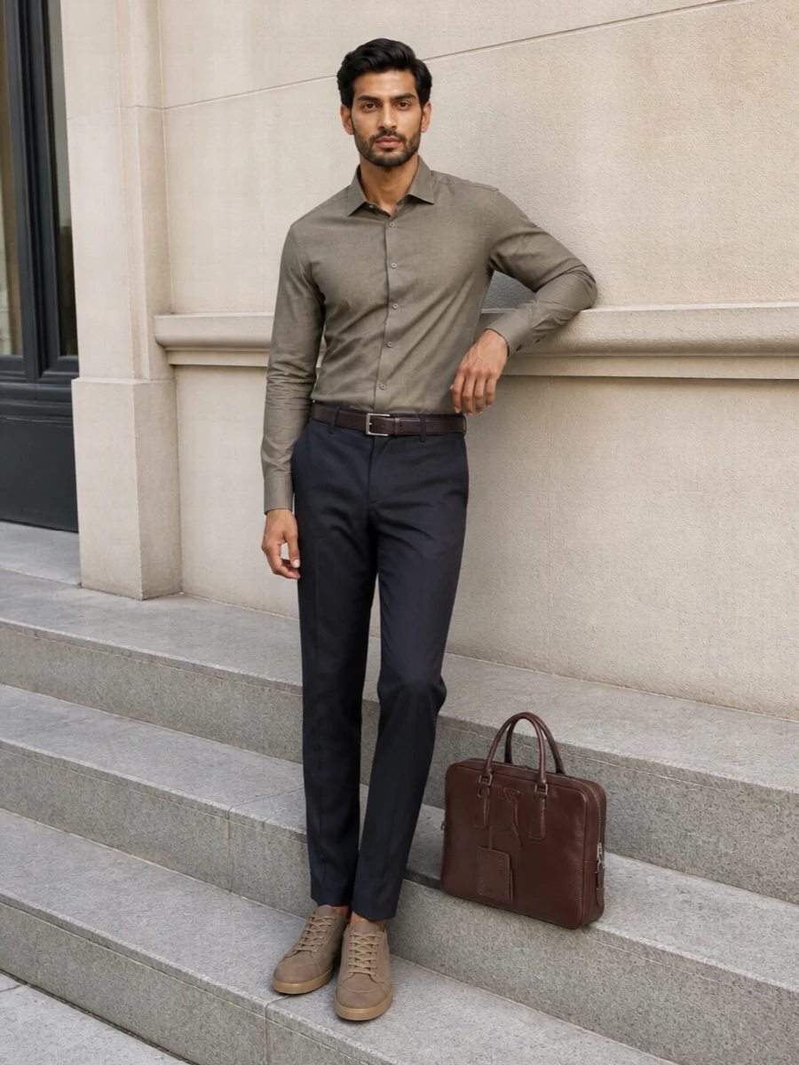 Moss taupe and deep navy combine in a restrained palette that feels intelligent and assured, ideal for days that move between meetings and dinner. Tonal suede sneakers soften the tailoring just enough, while dark brown leather accents from belt to briefcase keep the finish precise without feeling severe. The result is a quietly confident uniform that reads considered from head to toe without trying too hard.