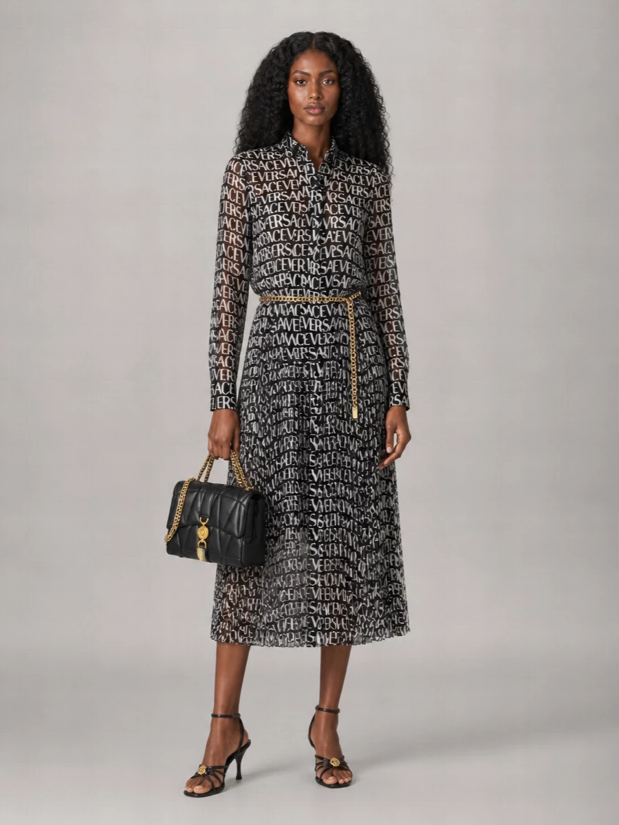 Versace Silk Printed Scarf Collar Midi Shirt Dress