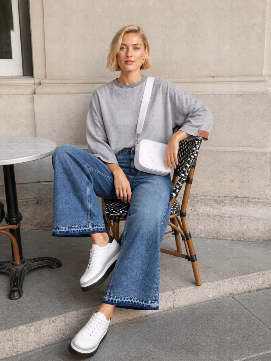 A cropped heather-grey sweatshirt lands perfectly against high-rise, wide-leg blue denim for a clean, architectural take on weekend dressing. Chunky platform sneakers add height and attitude without breaking the minimalist palette, while a compact white cross-body keeps the mix hands-free and quietly polished for city days on the move.