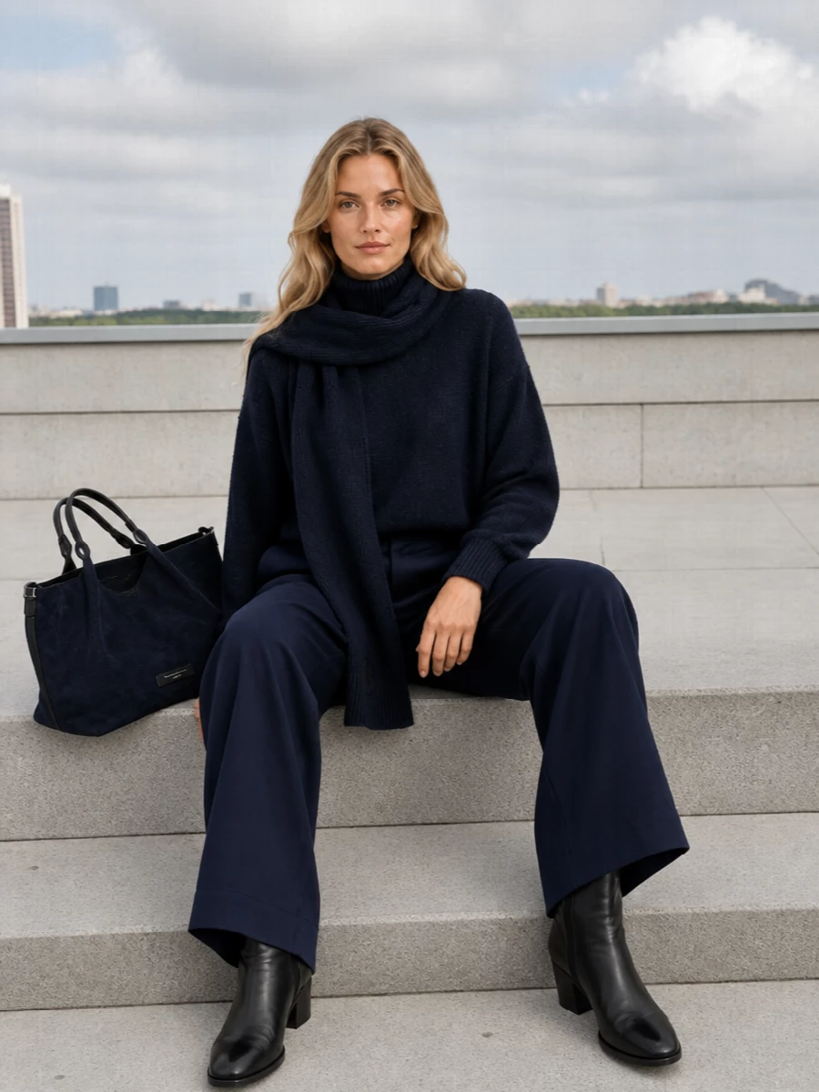 Alysi navy turtleneck wide leg trousers outfit