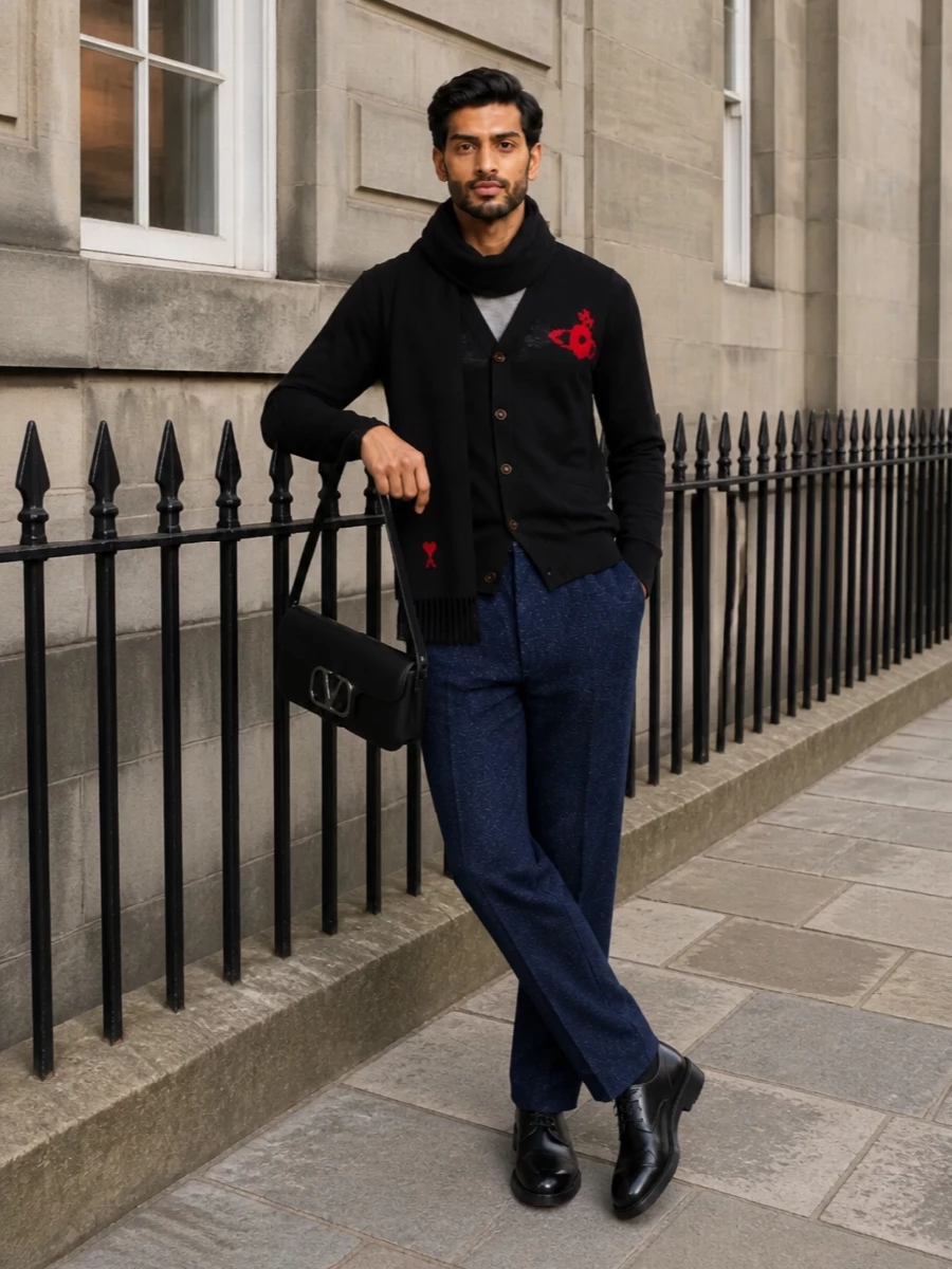 A sharply composed city outfit that keeps the focus on proportion and texture, pairing the black Vivienne Westwood cardigan with midnight-flecked tailored trousers. The clean black derby and slim leather shoulder bag push the ensemble into quietly polished territory, while the black scarf with a small red motif mirrors the Orb for a considered finishing touch. It is relaxed enough for creative-office days yet refined enough for dinner after dark.