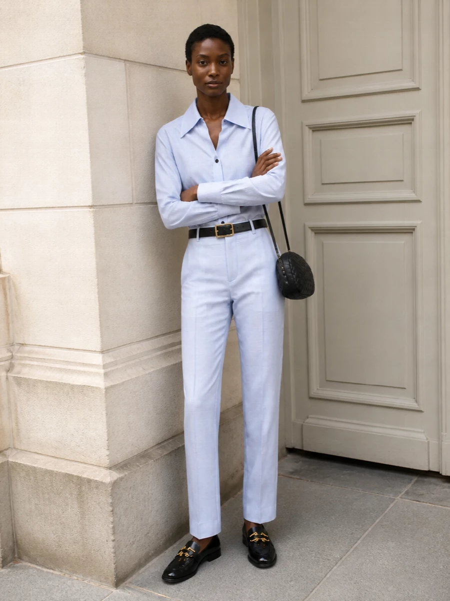 Bottega veneta pale blue shirt tailored trousers