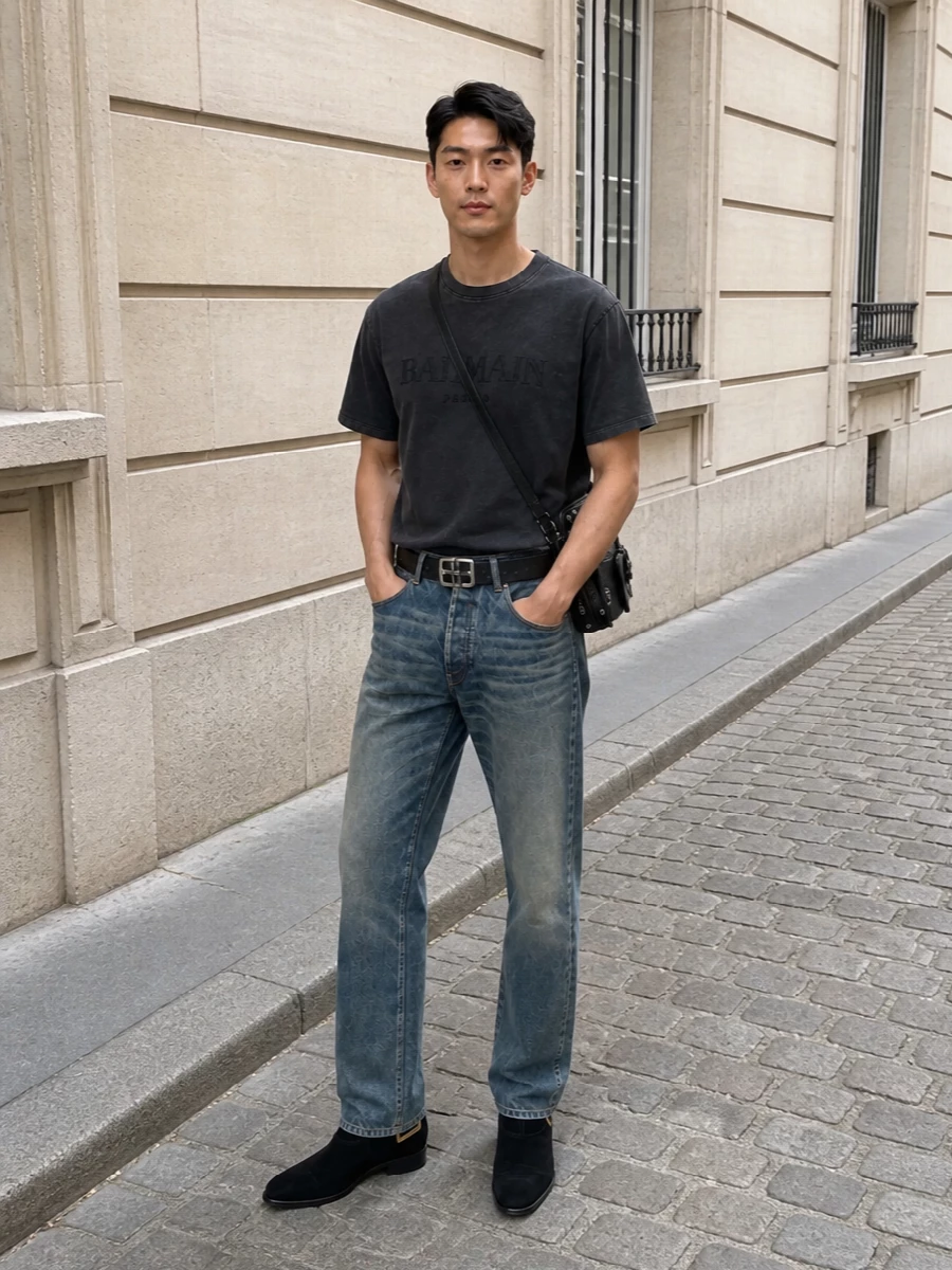 Balmain jeans charcoal tee chelsea boots