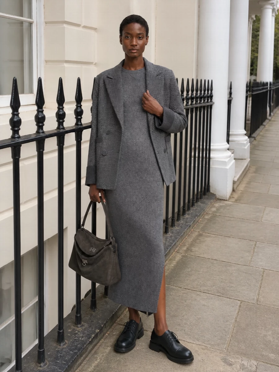I am building around the Sacai blazer with the dress path, since a tailored midi column under a hybrid jacket feels more intentional and less fussy than adding another layer of suiting with separate top and trouser. The Margiela herringbone dress and Balenciaga derby echo the blazer’s charcoal texture and conceptual tailoring, producing a long, disciplined line that still reads quietly subversive. The charcoal suede bag softens all that structure just enough, keeping the outfit firmly in luxury boardroom-to-dinner territory without breaking the tonal story.
