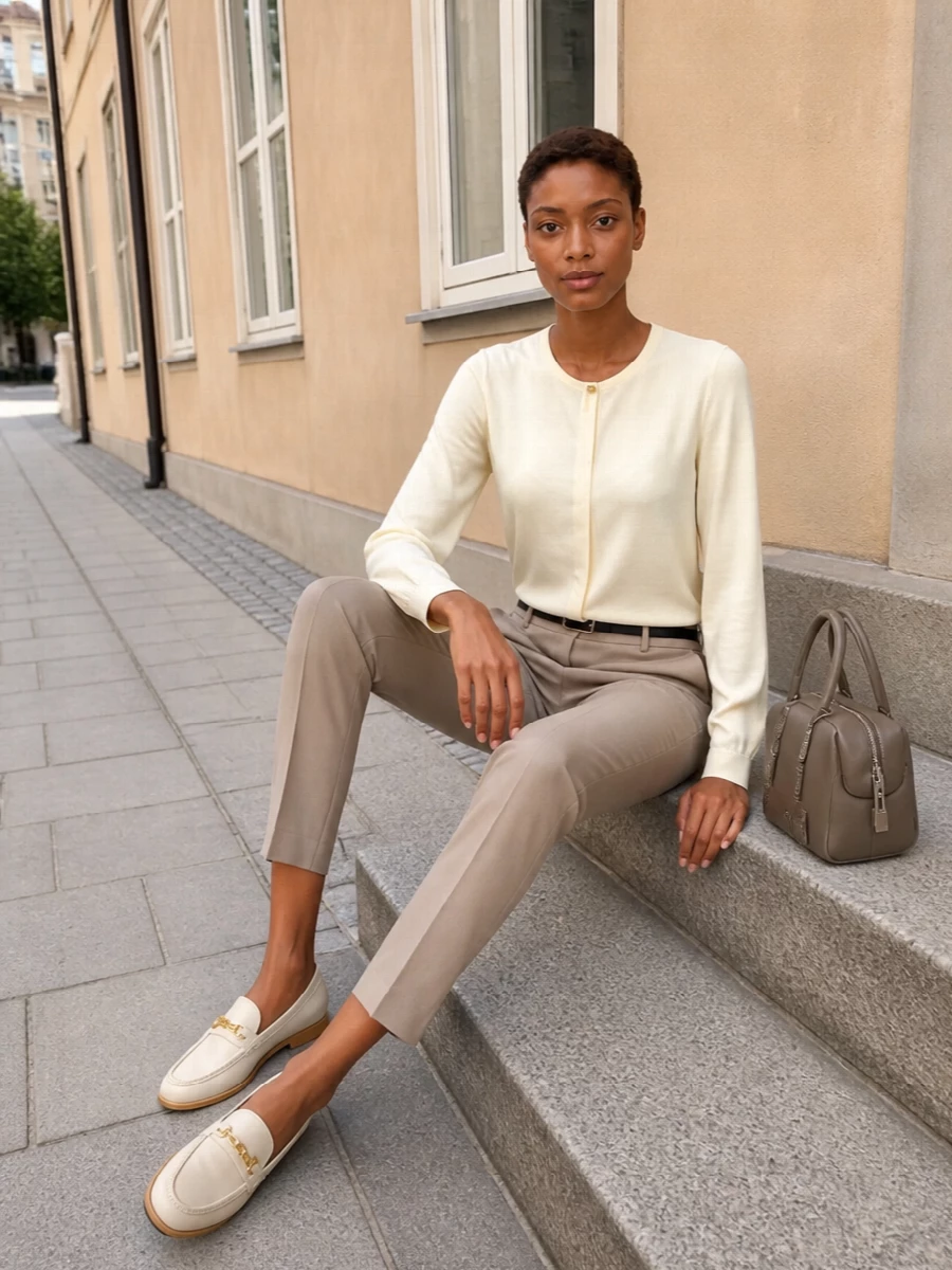 Max mara neutral trouser blouse outfit loafers