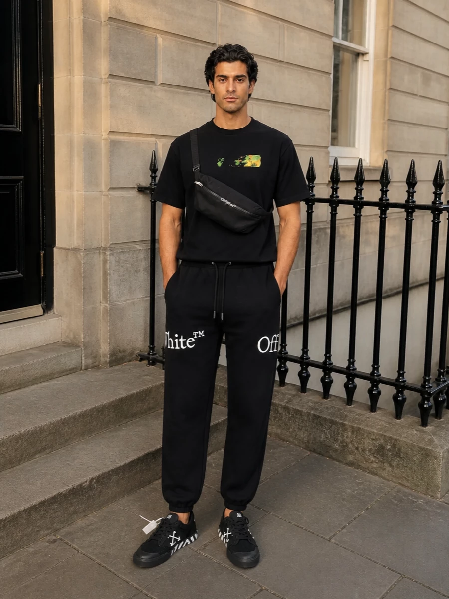 Off white black tee joggers sneakers outfit