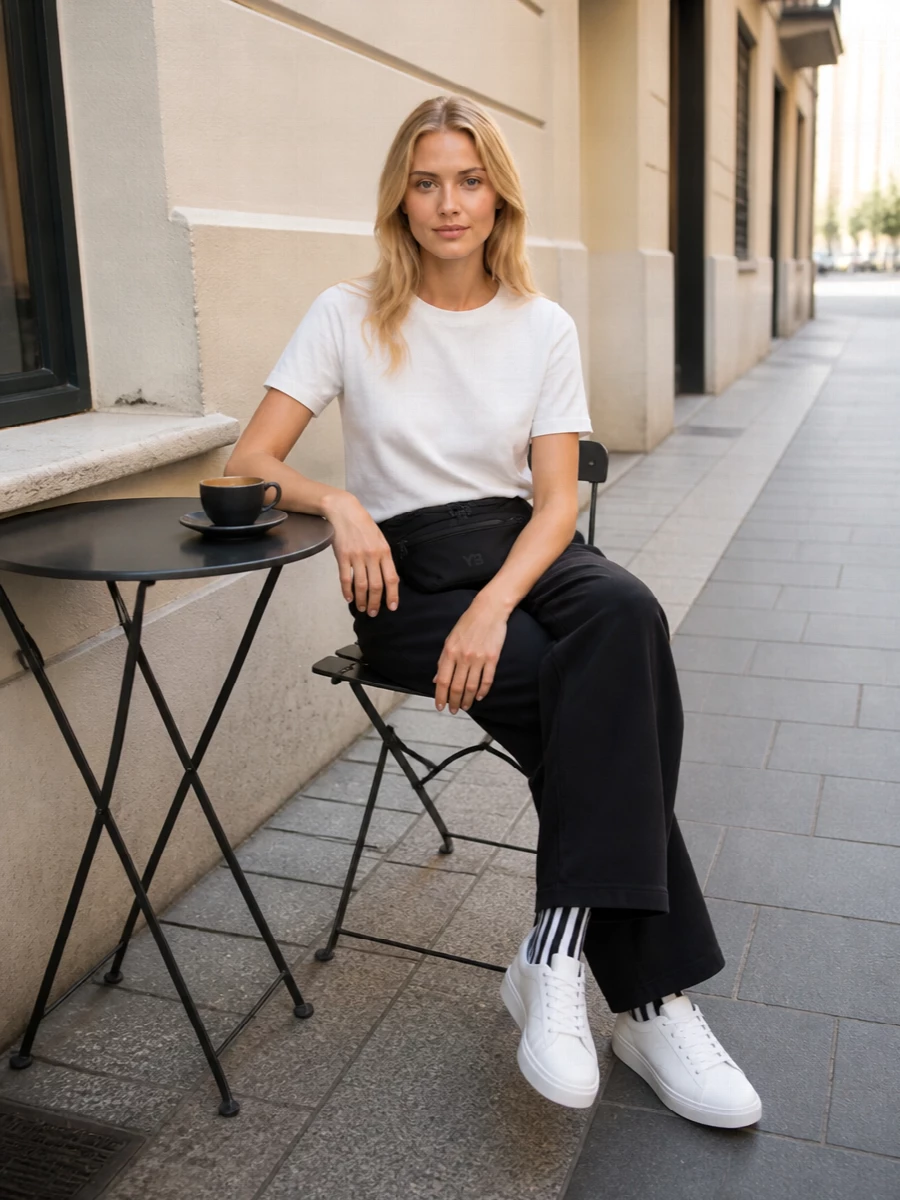 Y3 womens white tee black track pants outfit