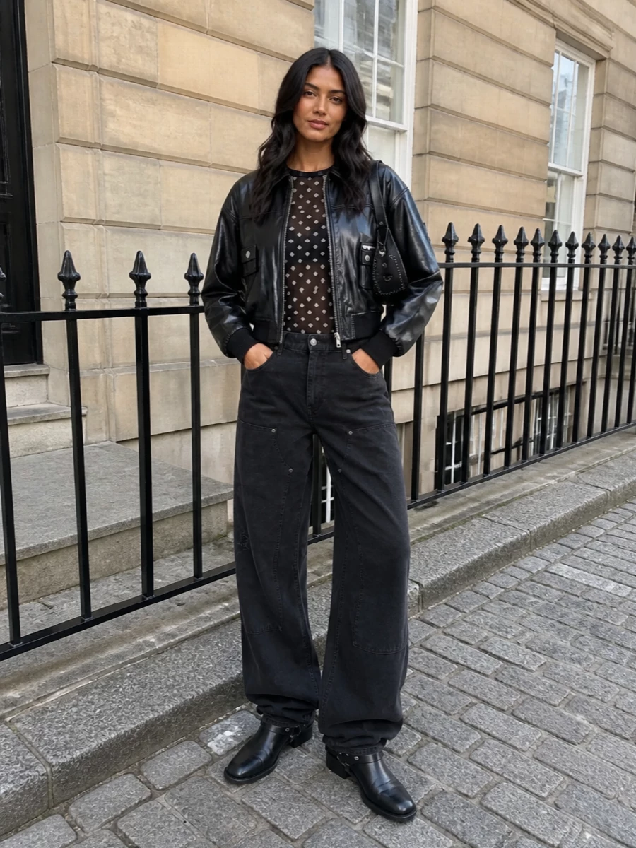 I am building around the jacket with a top and trouser rather than a dress, so the bomber reads as the main statement and the outfit leans into a modern utility silhouette. The sheer dot top and slouched cargo denim give it a night-out, city feel that is still practical, while the harness boots and soft hobo bag echo the hardware and keep everything grounded in a cohesive black-on-black palette. The result is a confident, slightly grungy take on Ganni’s downtown attitude that feels intentional from coffee to late drinks.