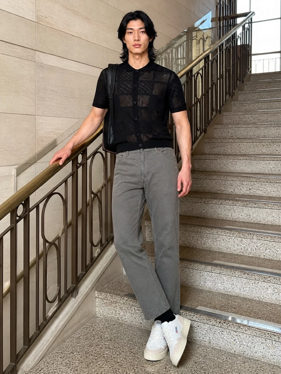 Beams plus sheer black knit polo olive trousers