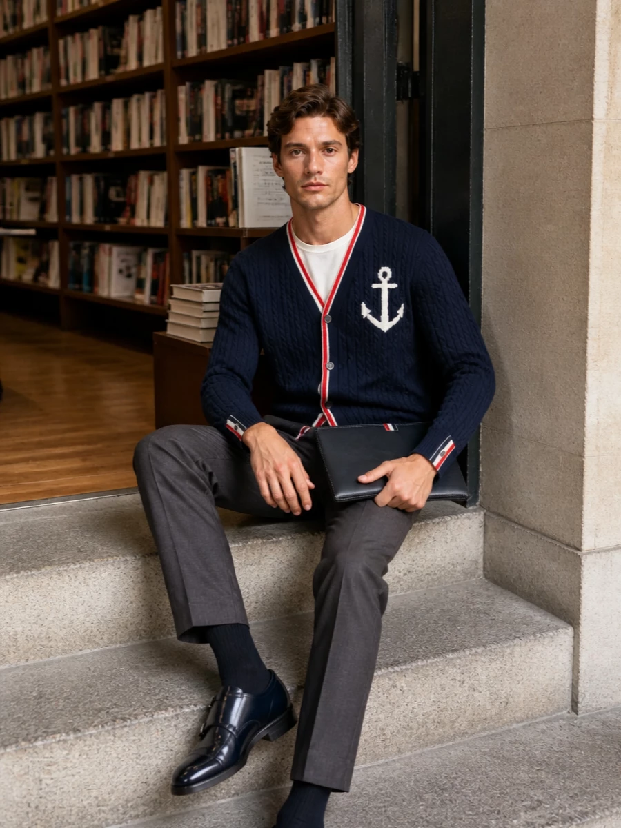 Thom browne navy cardigan charcoal trousers outfit