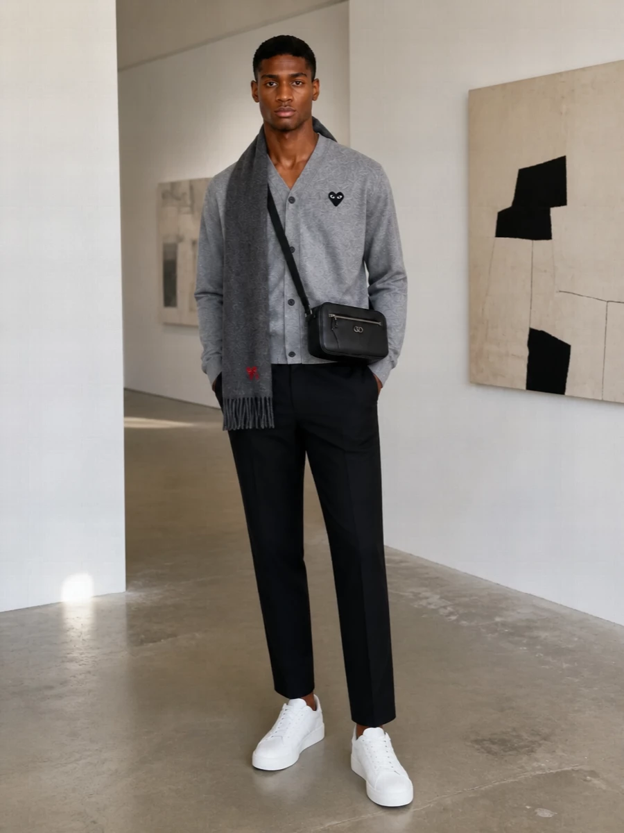 Comme des garcons cardigan charcoal trousers outfit