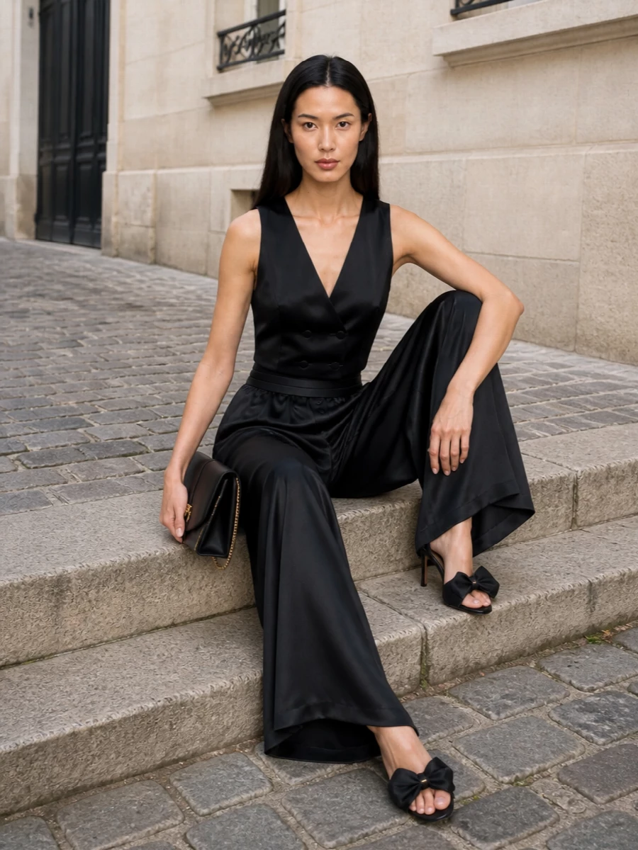A high-waisted satin trouser meets a sculpted black satin waistcoat for a quietly dramatic spin on tuxedo evening dressing. The wide leg falls like liquid from a sharply defined waist, kept precise with a pleated cummerbund belt and finished with a slim stiletto sandal that just peeks from the hem. A sleek black flap bag with a hint of gold keeps the mood polished and minimal while still feeling fully after-dark ready.
