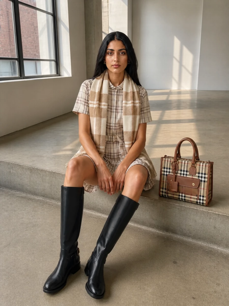 Burberry check shirt dress black riding boots