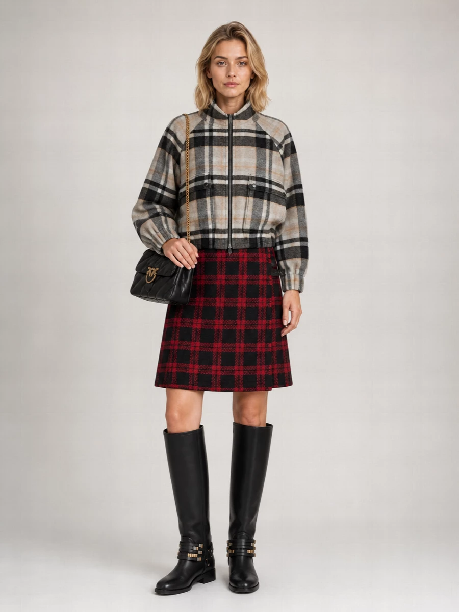 Pinko Wool Checkered High-Collar Single-Breasted Coat