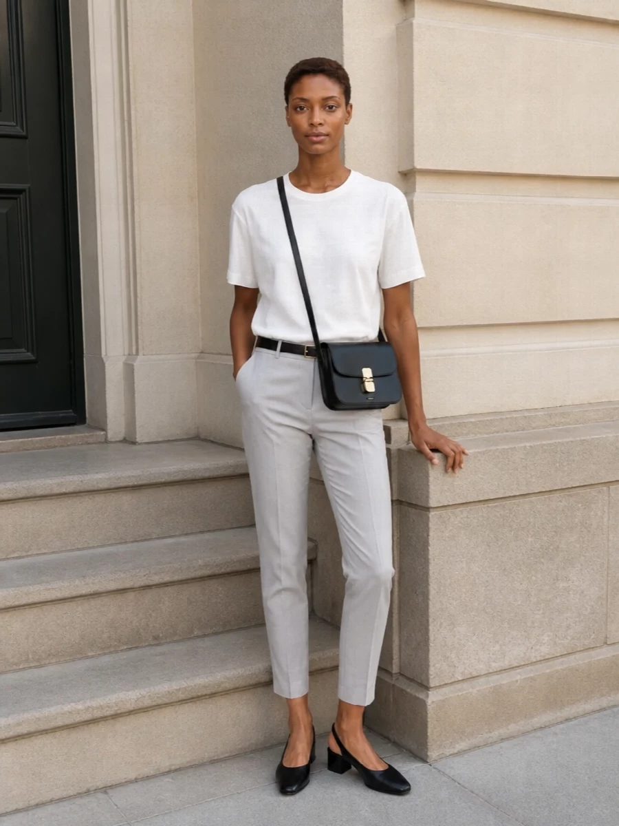 A crisp white Jacquemus tee meets slim light-grey tailoring for a clean, modern column that feels considered without trying. Black slingback sandals, a structured A.P.C. cross-body and a fine leather belt sharpen the line just enough, keeping the mood minimalist and quietly assured for anything from studio days to low-key dinners.