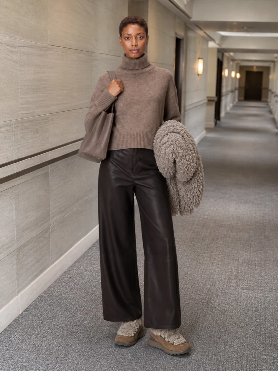 Loulou studio taupe turtleneck wide leg trousers