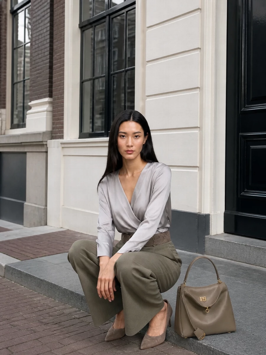 Moss taupe tailoring is softened with a pearl-grey wrap top, creating a fluid, columnar silhouette that feels precise but not severe. Taupe suede heels and a structured taupe-olive top-handle keep the palette quietly tonal while the wide suede belt anchors the high rise, so the proportions stay long and clean from boardroom to late dinner.