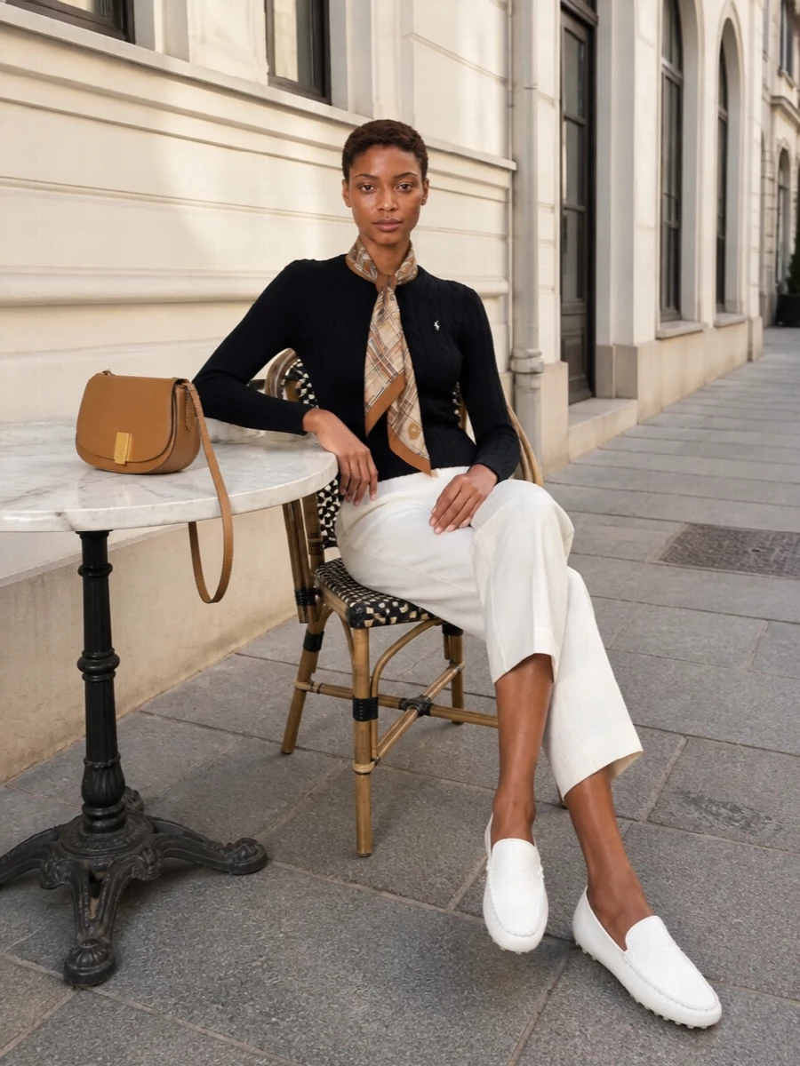 A slim black cable knit meets cropped ivory trousers for a quietly sharp take on off-duty prep. White driving loafers keep it relaxed but refined, while a tan saddle bag and checked twilly bring just enough heritage detail. It is an easy uniform for city days when you want to feel put-together without feeling dressed up.