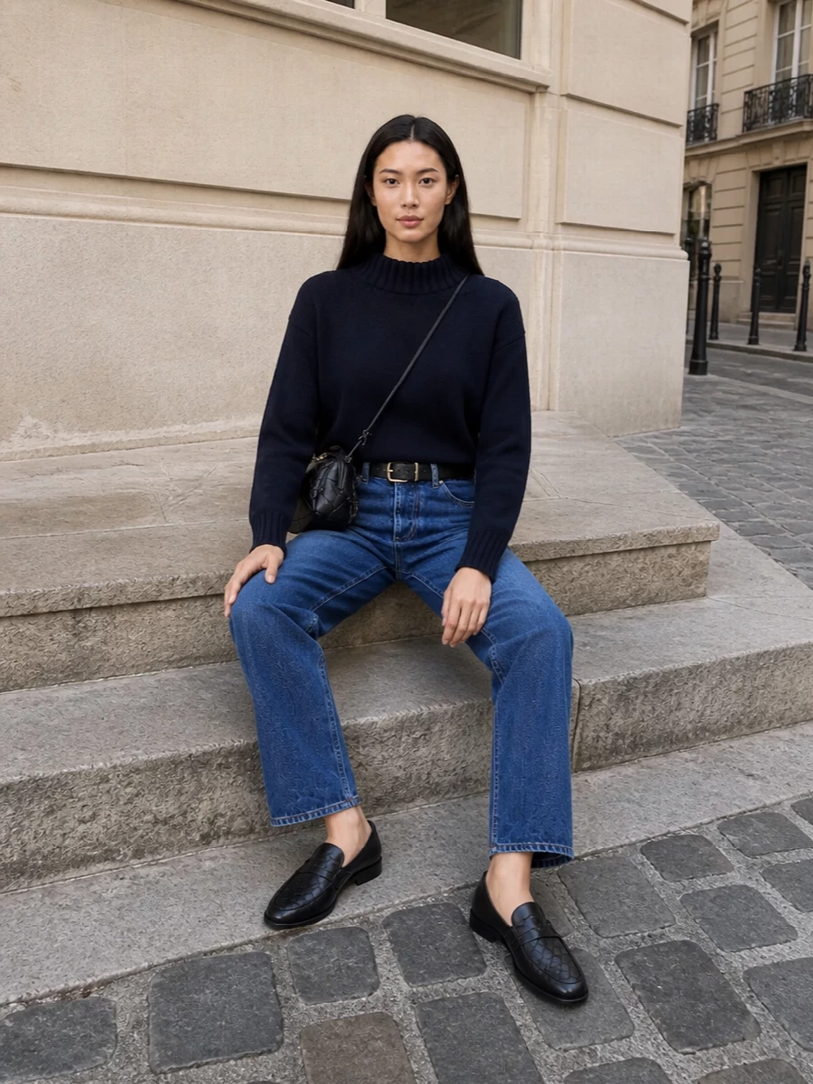 Bottega veneta jeans navy knit black loafers