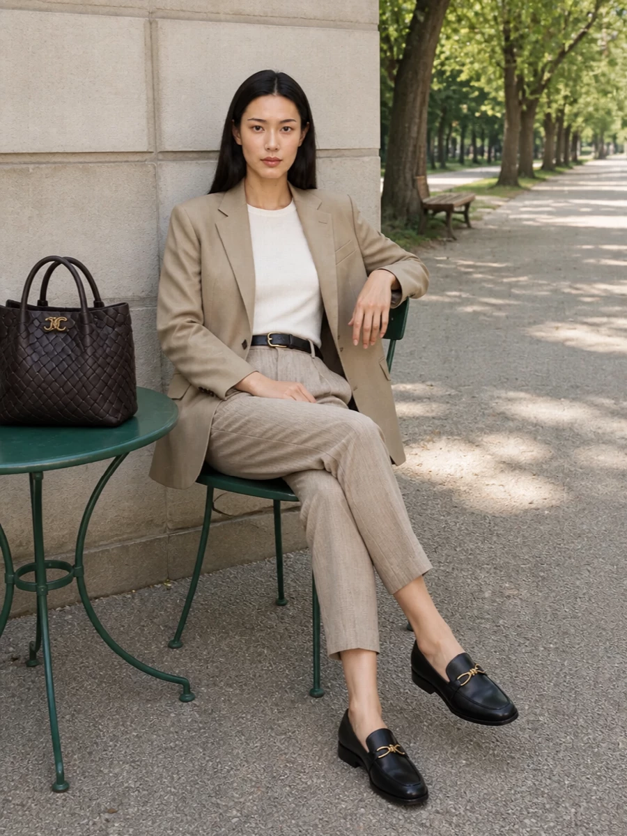 Bottega veneta beige blazer trouser outfit