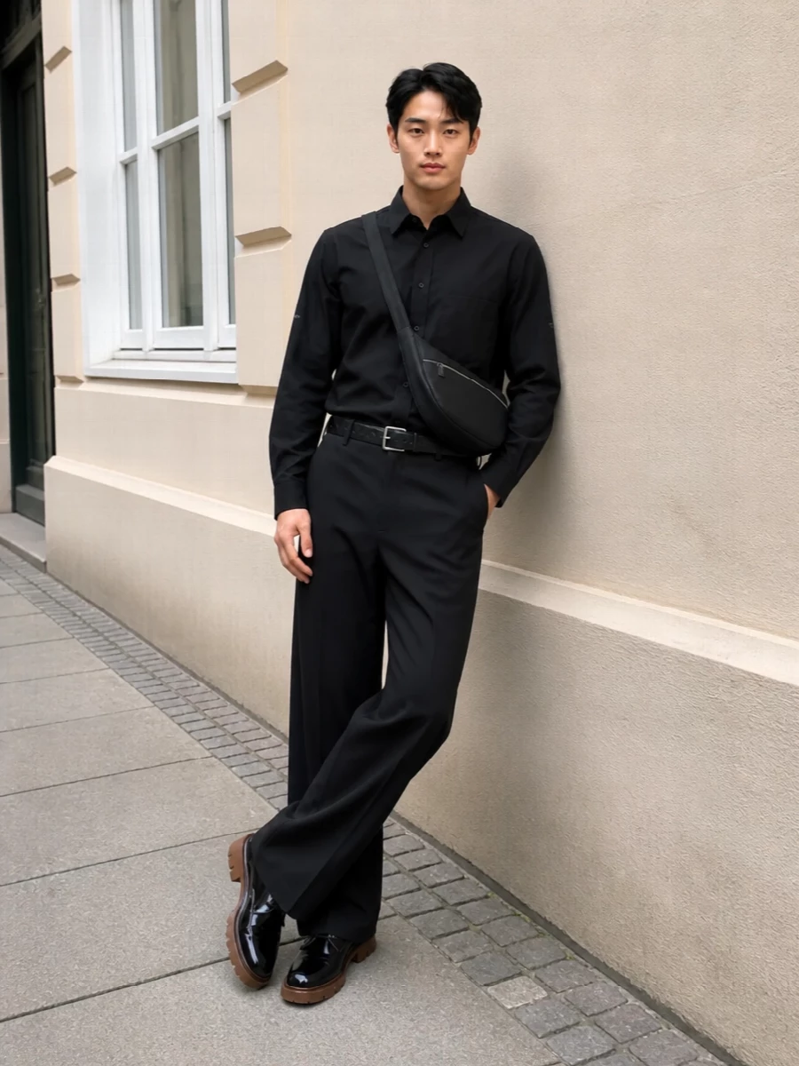 A black-on-black study in modern tailoring, this outfit pairs a slim intrecciato-inspired belt with a Balenciaga shirt and sculpted wide-leg Dolce&Gabbana trousers. Margiela’s buckle-strap derbies and a curved Burberry sling pull it toward discreet streetwear, keeping the mood polished but quietly directional for warm-weather city nights. Everything reads considered rather than precious, so it moves easily from gallery visits to late dinners with the same calm confidence.