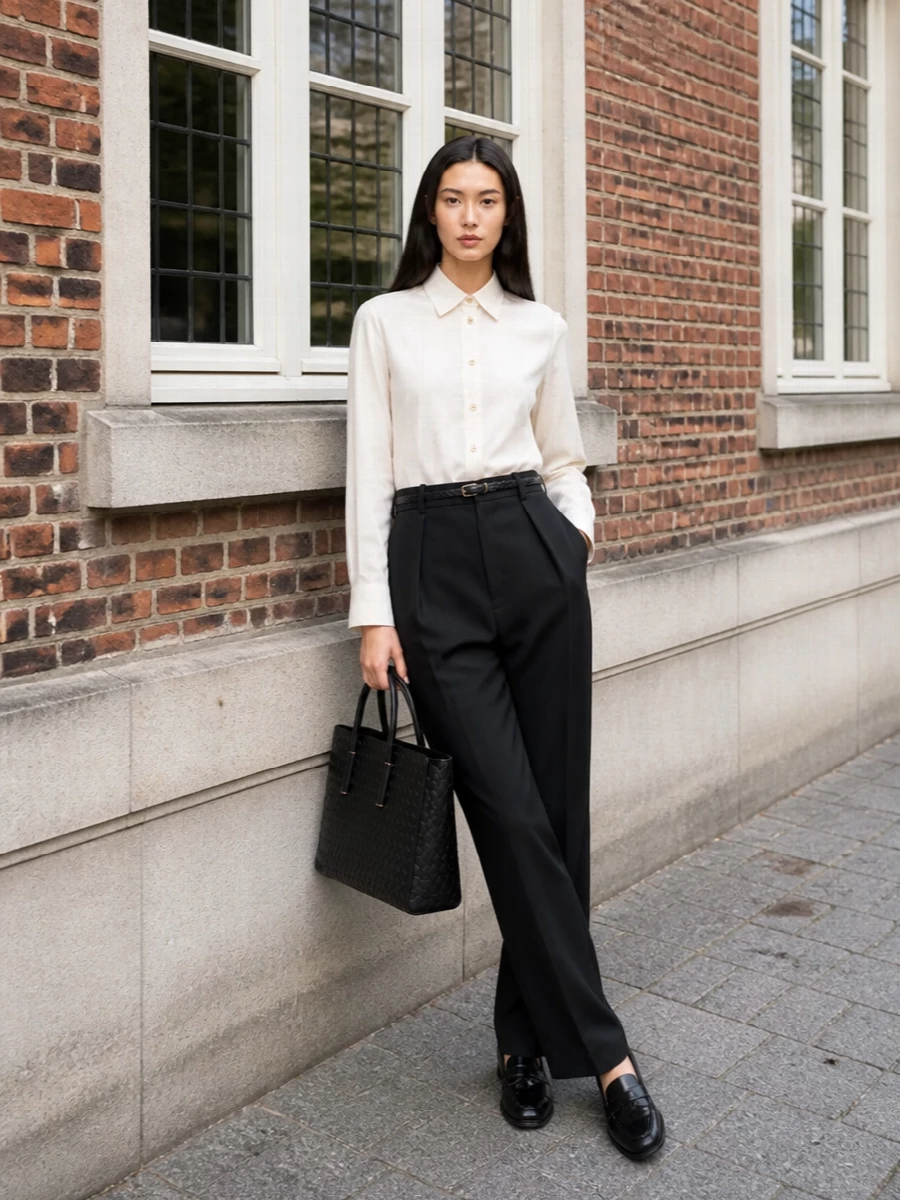 Bottega veneta ivory shirt black tailored trouser