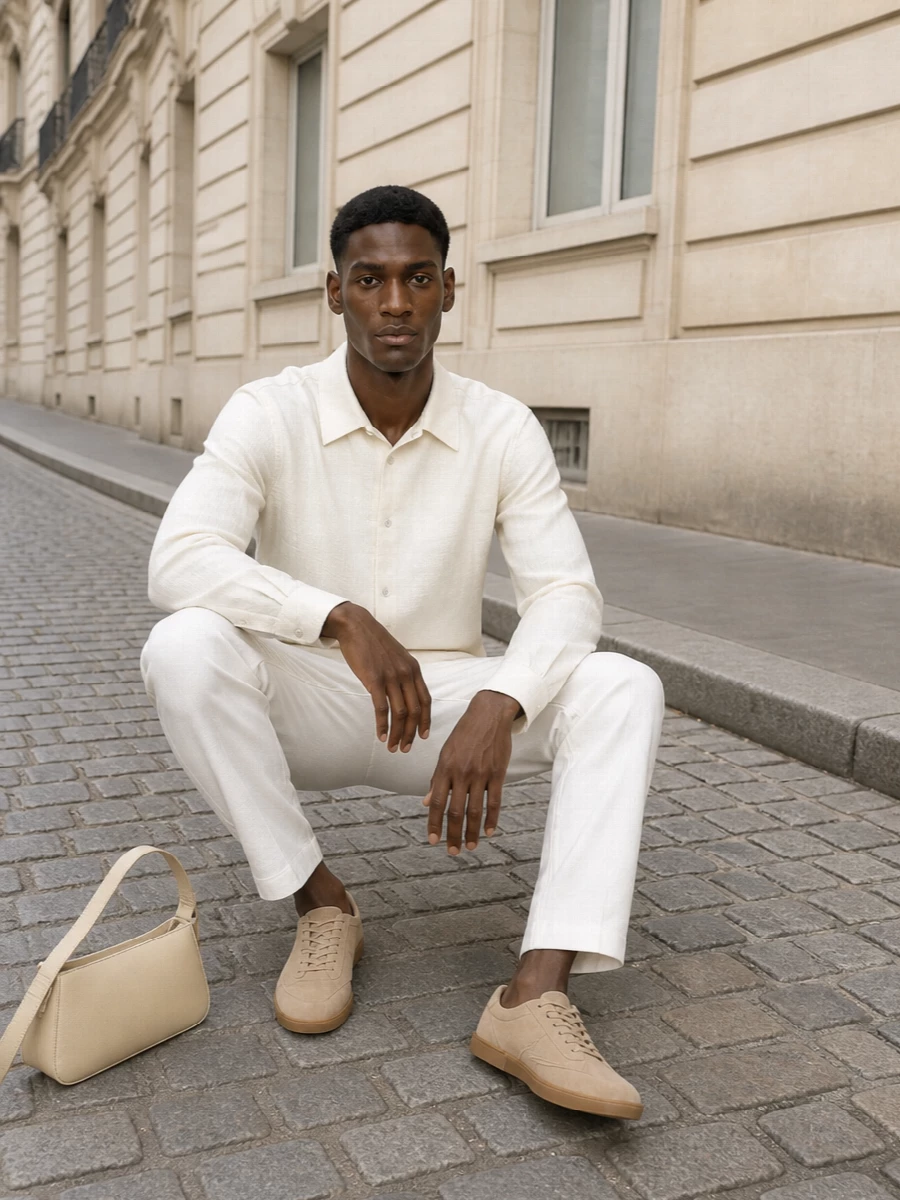 Jil sander tonal cream shirt outfit sneakers